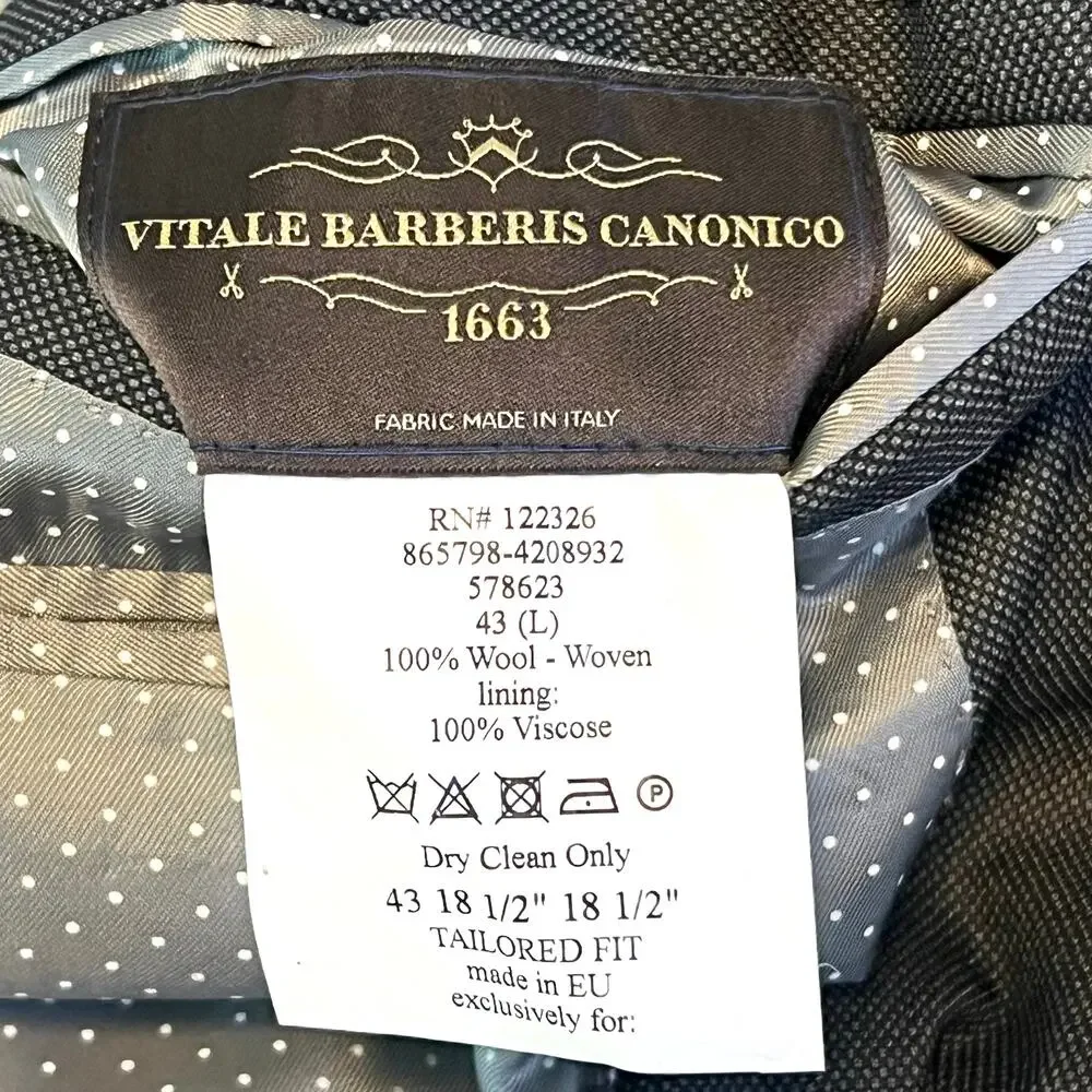 J. Hilburn Vitale Barberis Canonico Sport Coat Blazer Men's 43L Italian Wool